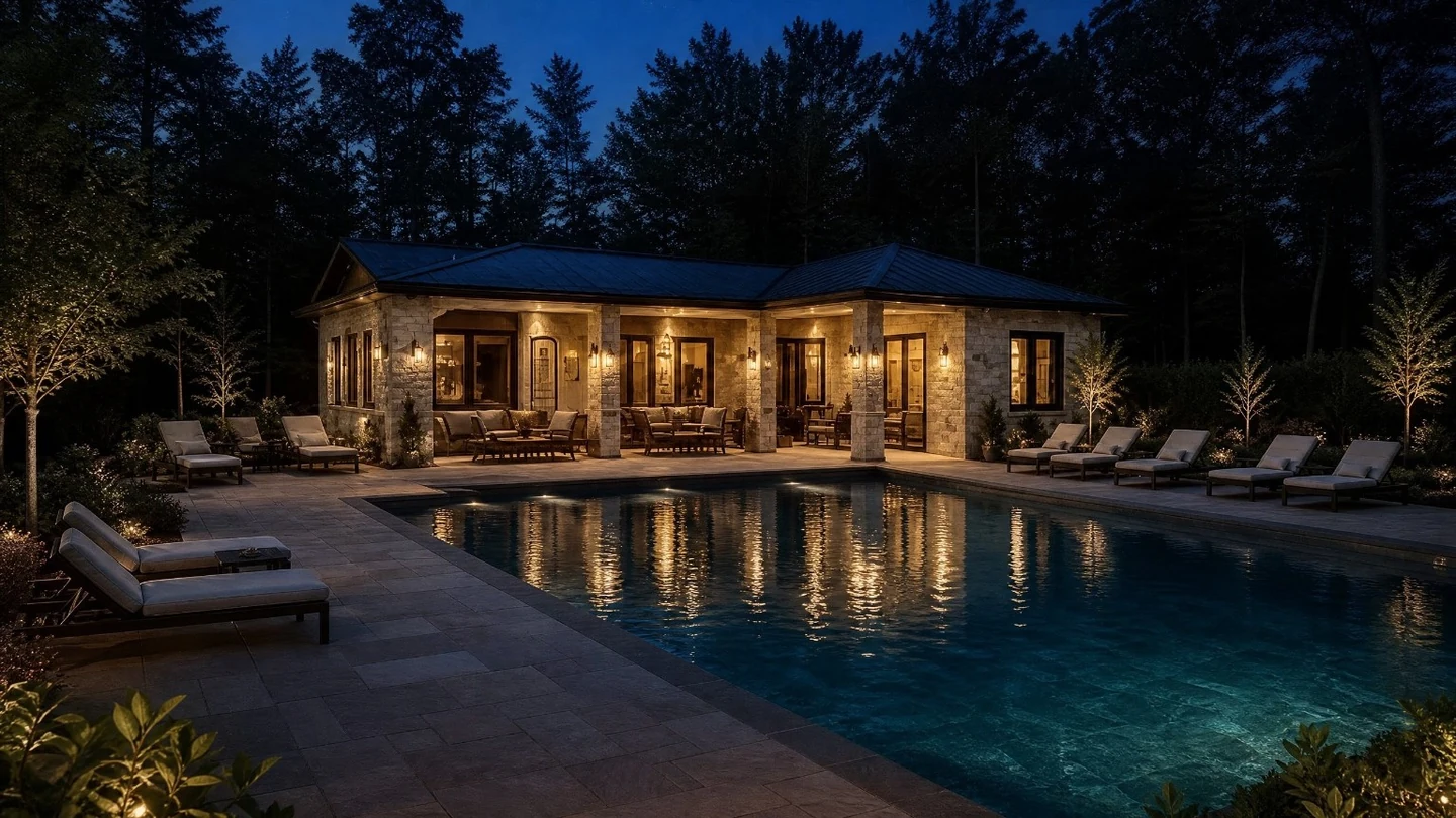 Lit rectangular pool at night with lounge chairs and illuminated pool house