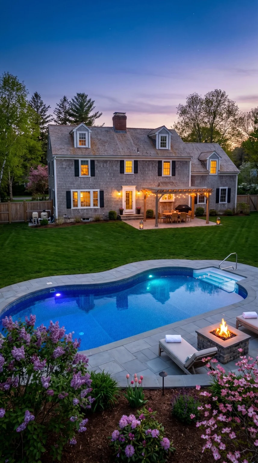 Curved backyard pool at dusk with pergola, fire pit, and lounge chairs