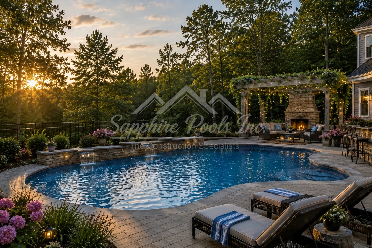Kidney-shaped backyard pool with pergola fireplace and cushioned lounge chairs at sunset