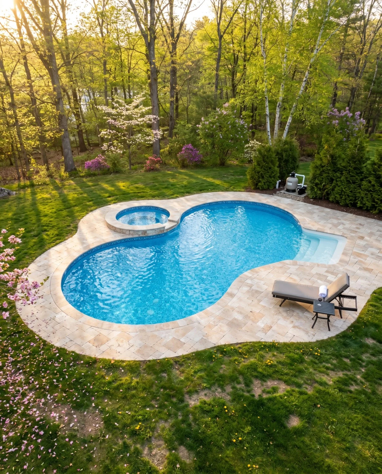 Aerial view of kidney-shaped pool with attached raised spa and surrounding pavers