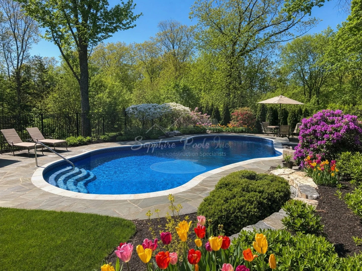 Freeform in-ground pool with stone coping, loungers, and colorful flower beds