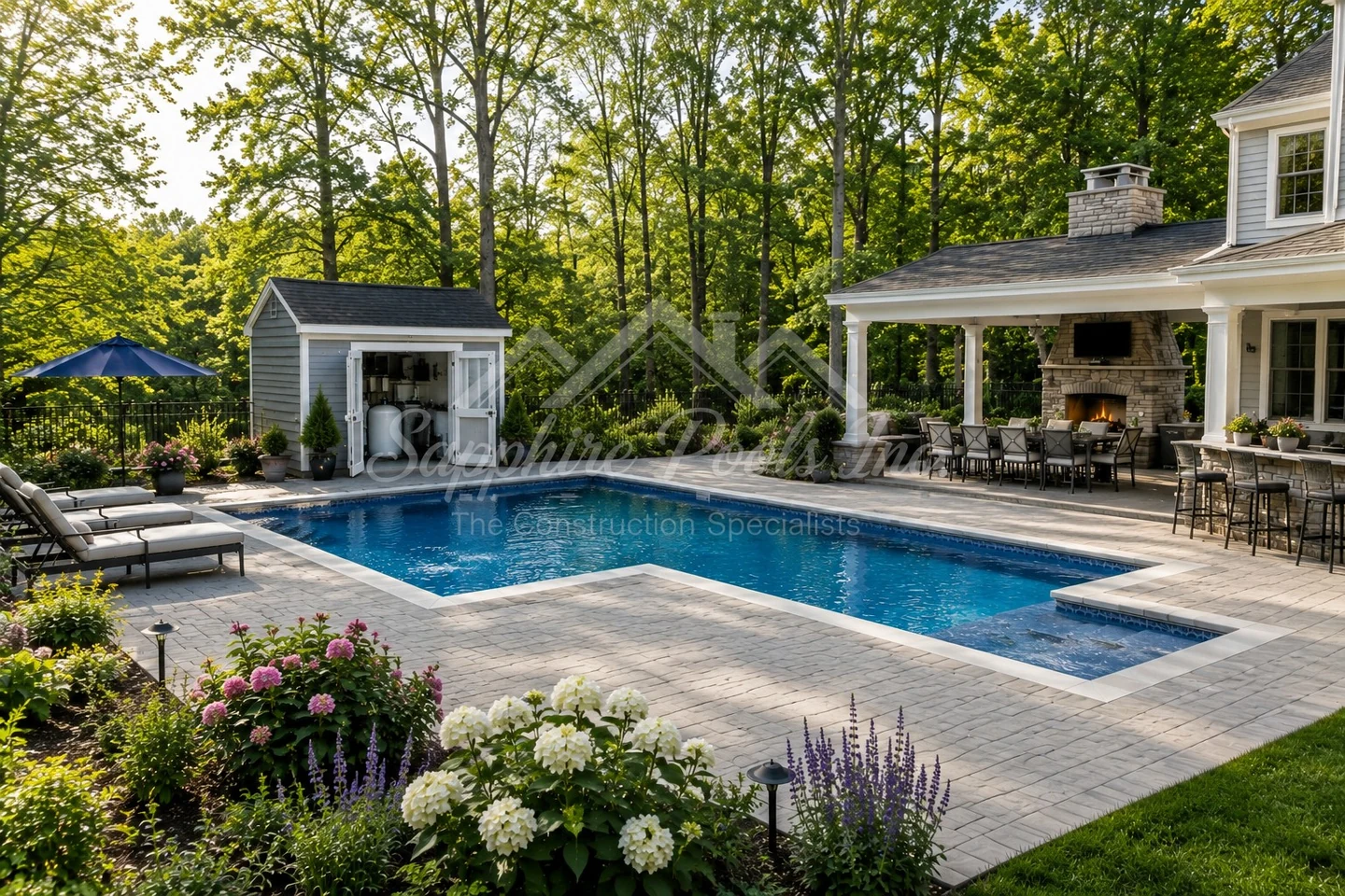 Rectangular in-ground pool with attached spa, outdoor kitchen and dining area