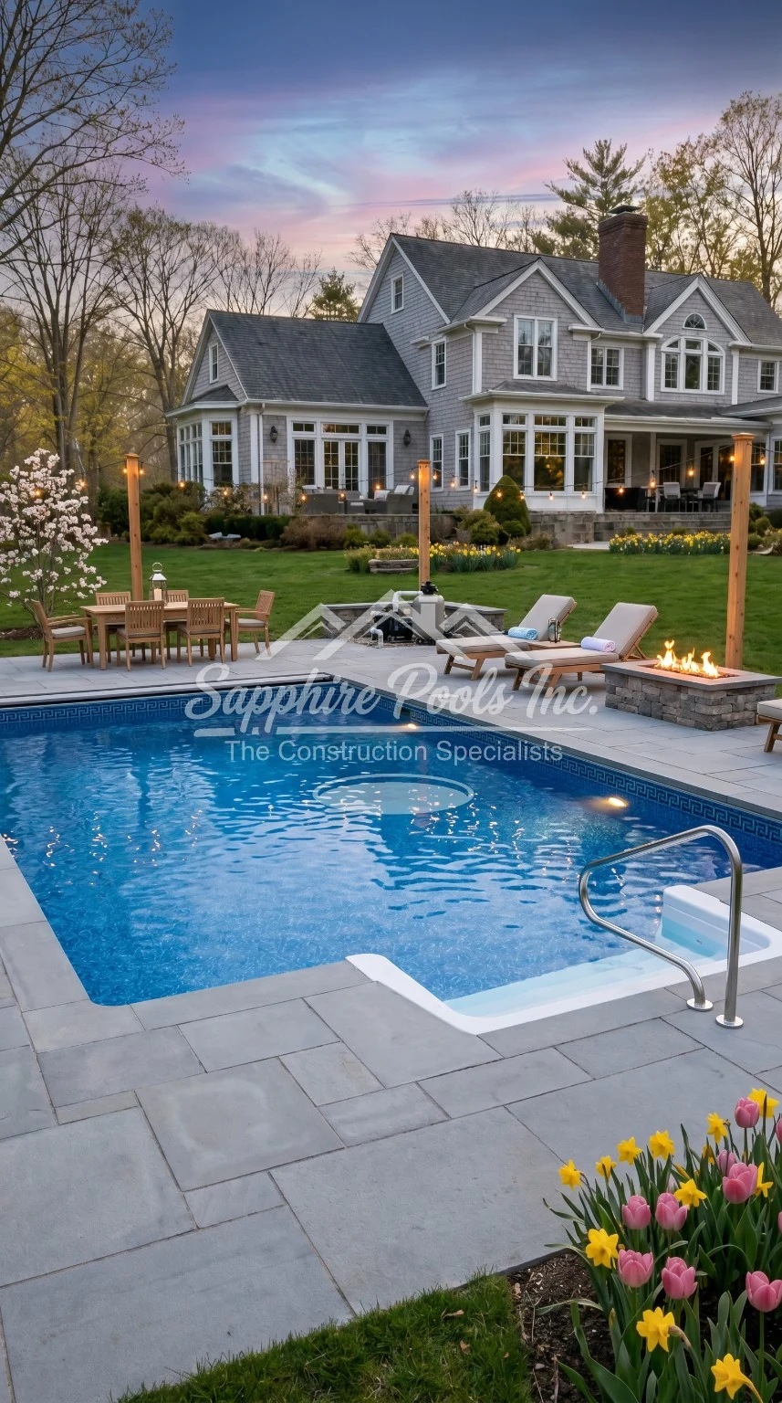 Rectangular pool at dusk with house backdrop, lounge chairs, and fire feature