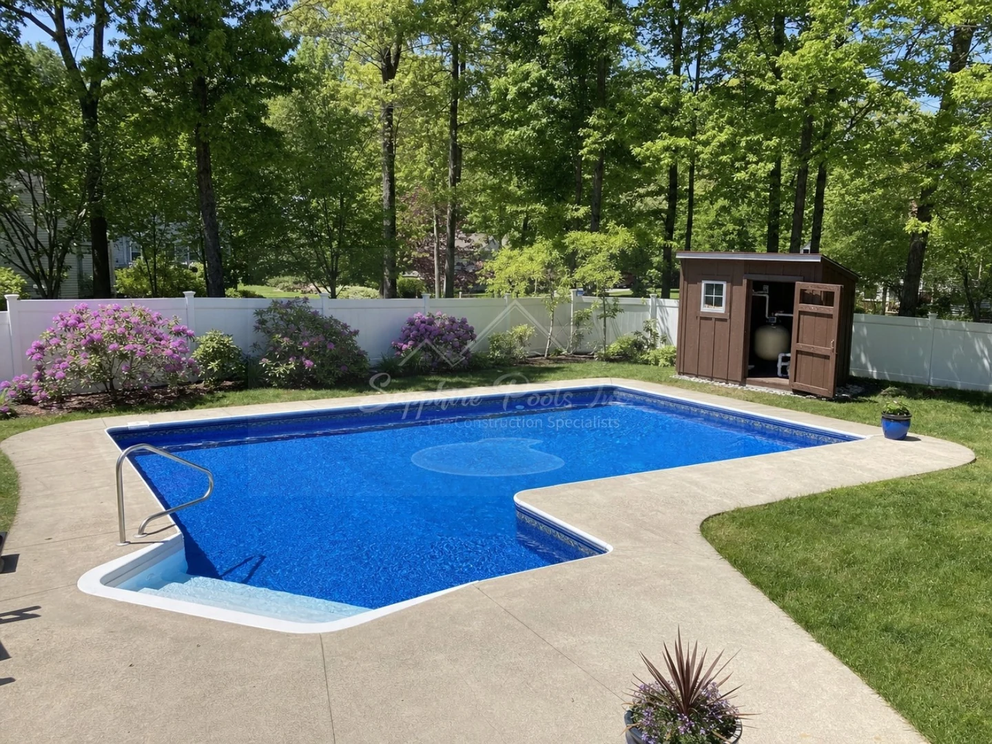Rectangular backyard pool with concrete deck, pool ladder and storage shed