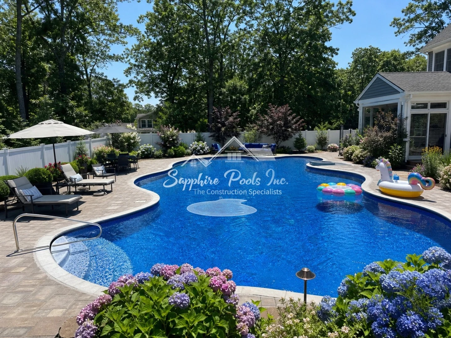 Curved freeform pool with patio furniture, inflatables, and landscaping