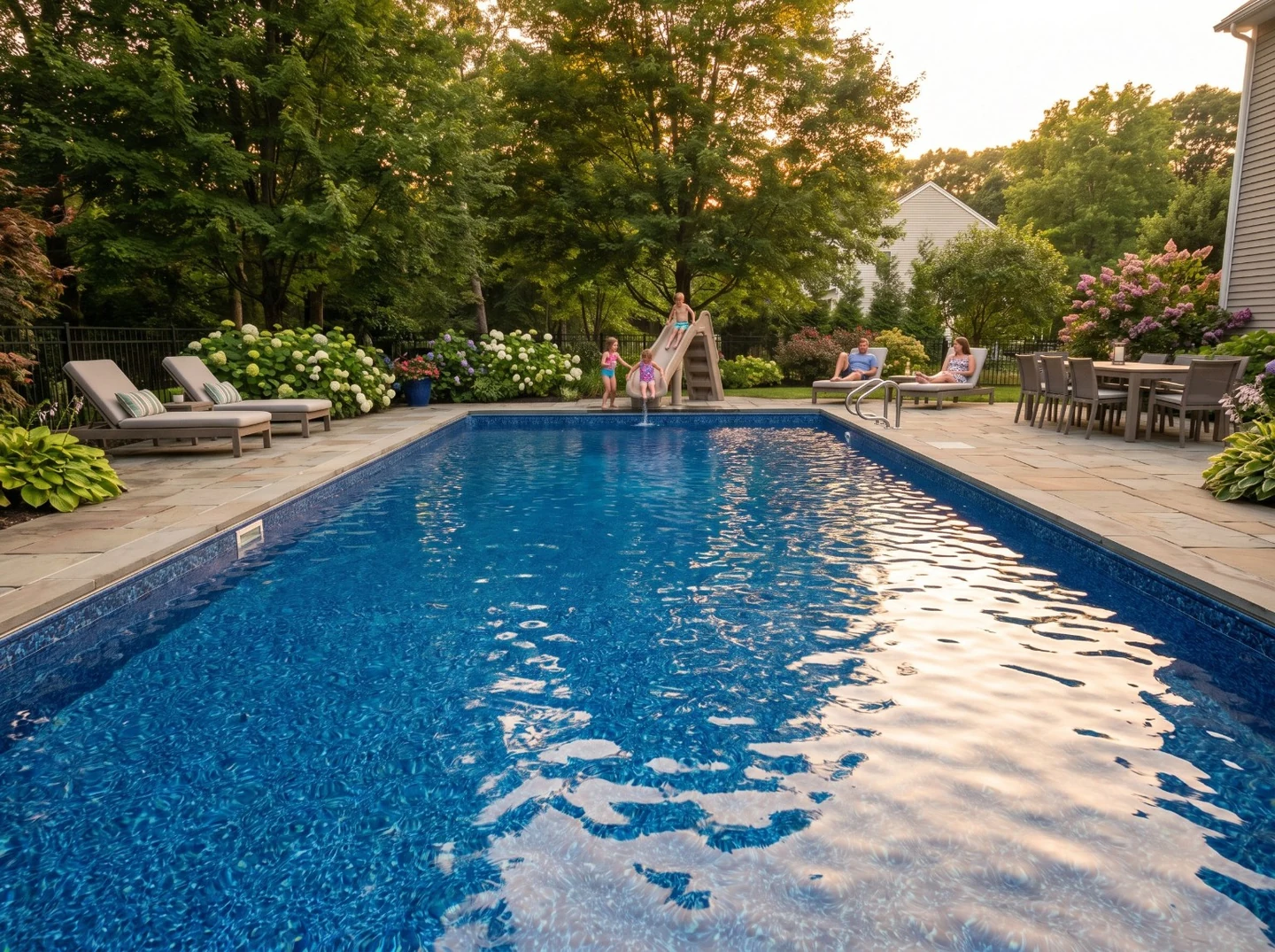 Rectangular backyard pool with lounge chairs, slide, people and surrounding landscaping