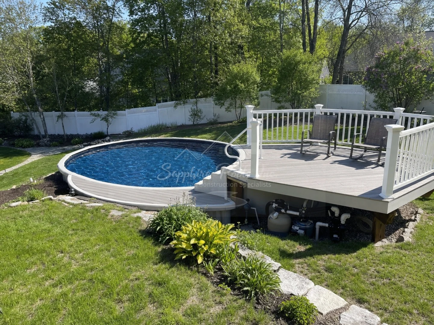 Round above-ground pool with attached deck and visible pool equipment