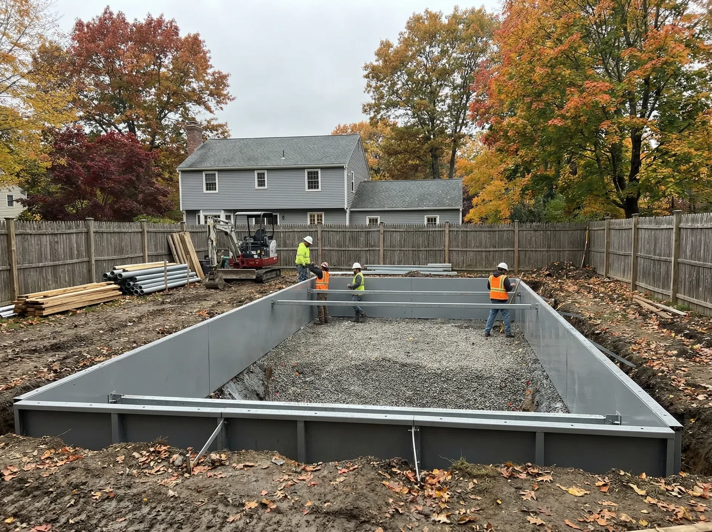 Vinyl-liner pool construction with wall panels visible
