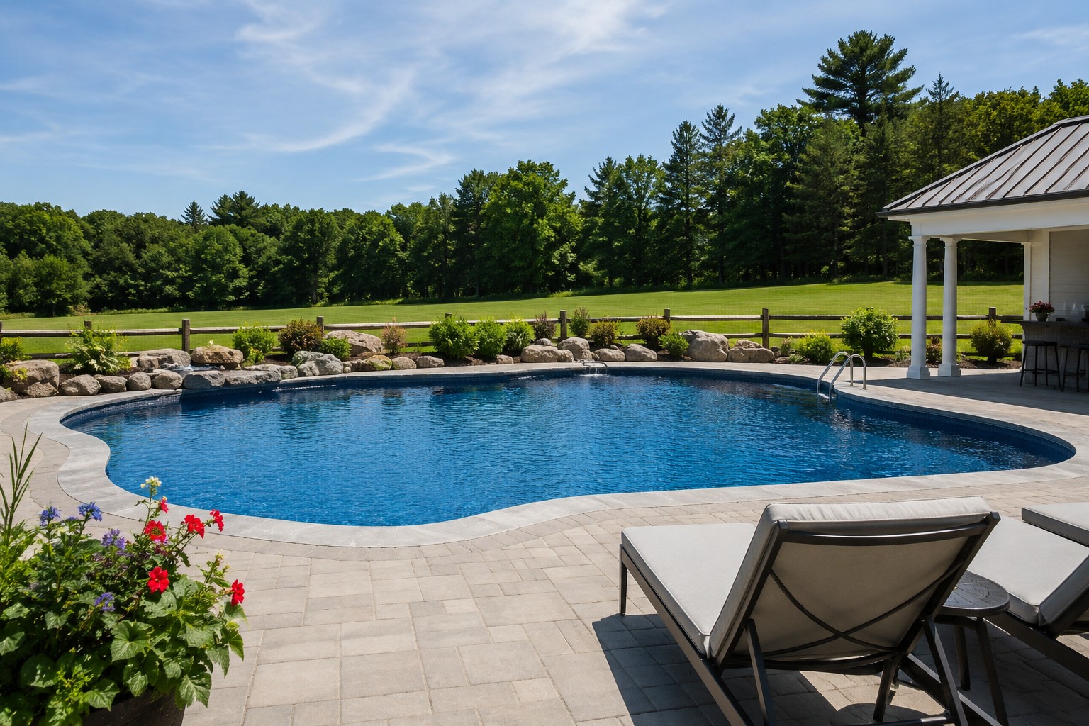 Pool renovation project showing a beautifully restored vinyl liner pool
