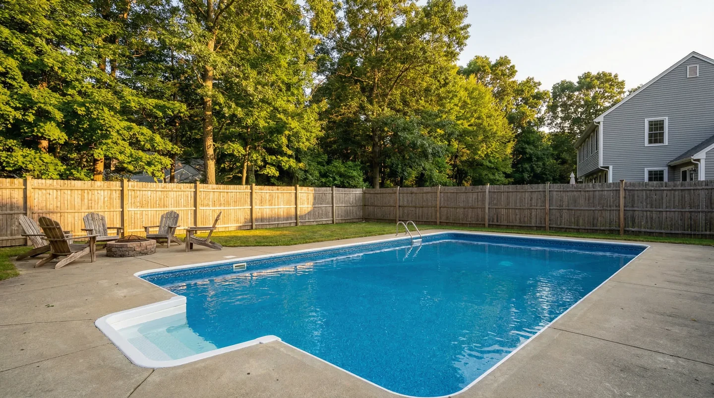Backyard vinyl-liner swimming pool in New England
